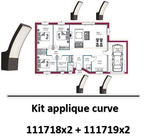 Arlux - Kit applique avec et sans détecteur LED noir 12,5W 3000K - 111719x2-111718x2