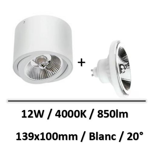 Spectrum - Applique saillie blanc + lampe 12W 20° AR111 - SLIP005012+WOJ+14147
