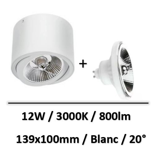 Spectrum - Applique saillie blanc + lampe 12W 20° AR111 - SLIP005012+WOJ+14146