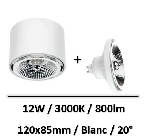 Spectrum - Applique saillie blanc + lampe 12W 20° AR111 - SLIP005010+WOJ+14146