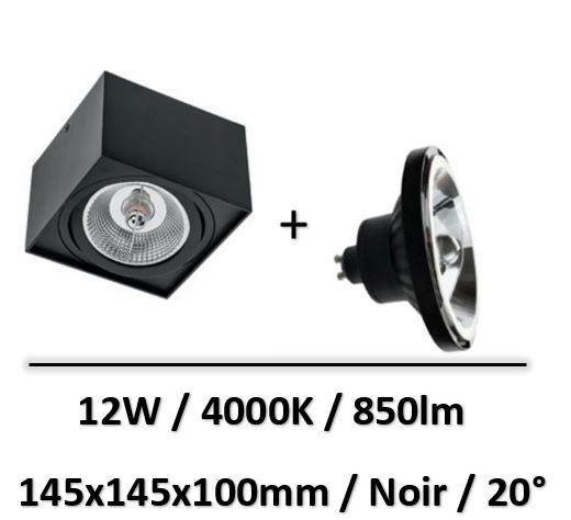Spectrum - Applique saillie noir + lampe 12W 20° AR111 GU10 - SLIP005039+WOJ+14252
