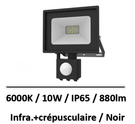 PROJECTEUR EXTERIEUR LED NOIR AVEC DETECTEUR 10W 6000K - 80300