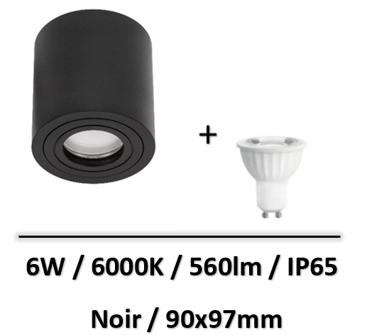 Spectrum - Spot led saillie GU10 noir - 6W - 6000K - IP65 - WOJ14094+SLIP005034