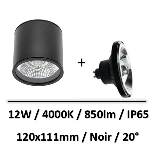 Spectrum - Applique saillie noir + lampe 12W 20° AR111 GU10 - IP65 - SLIP005032+WOJ+14252