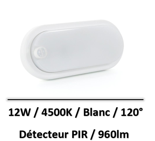 Ledme - Hublot ovale blanc IP54 12W détecteur de mouvement - D.230 X 105 X H.40MM