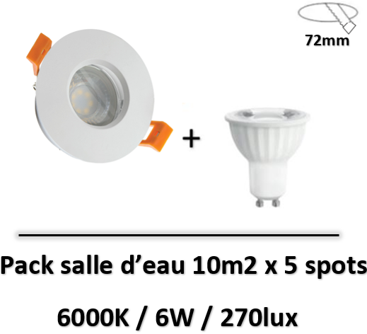 Pack salle d\'eau 10m2 + lampe 6W - Blanc - 560lm - 6000K - SLIP001005x5-WOJ14094x5