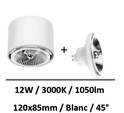 Spectrum - Applique saillie blanc + lampe 12W 45° AR111 - SLIP005010+WOJ+14563