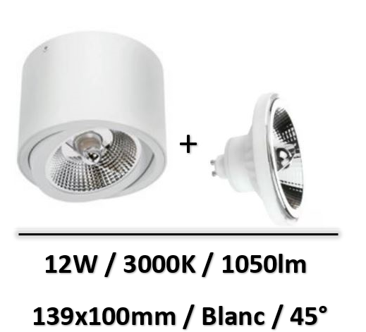 Spectrum - Applique saillie blanc + lampe 12W 45° AR111 - SLIP005012+WOJ+14563