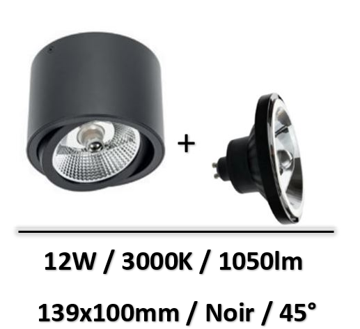 Spectrum - Applique saillie noir + lampe 12W 45° AR111 - SLIP005013+WOJ+14568