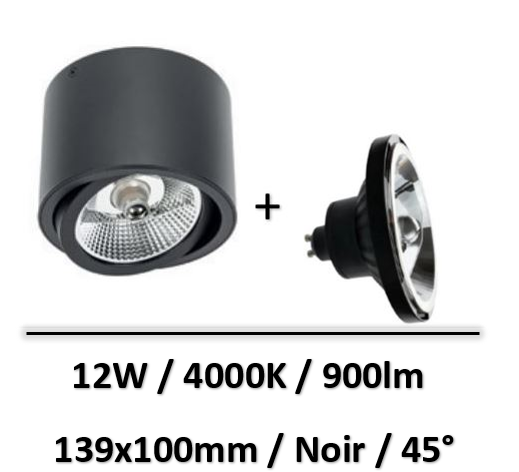Spectrum - Applique saillie noir + lampe 12W 45° AR111 - SLIP005013+WOJ+14569