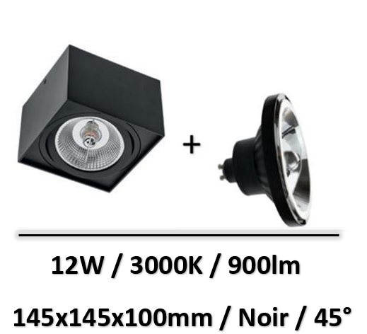 Spectrum - Applique saillie noir + lampe 12W 45° AR111 GU10 - SLIP005039+WOJ+14568