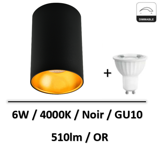 Arlux - Spot led saillie GU10 noir/Or - 6W - 4000K - dimmable - 78192+851308
