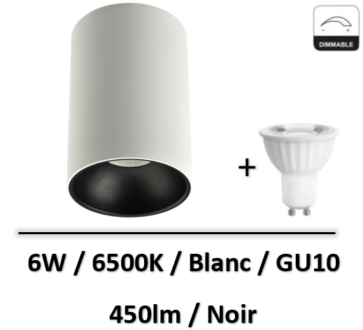 Arlux - Spot led saillie GU10 Blanc/noir - 6W - 6500K - dimmable - 78621+851306