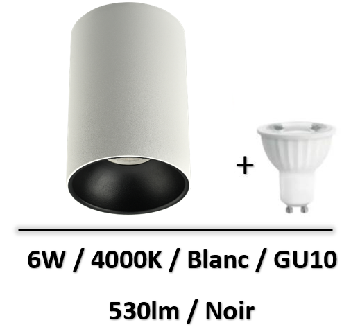Arlux - Spot led saillie GU10 Blanc/noir - 6W - 4000K - 14093+851306