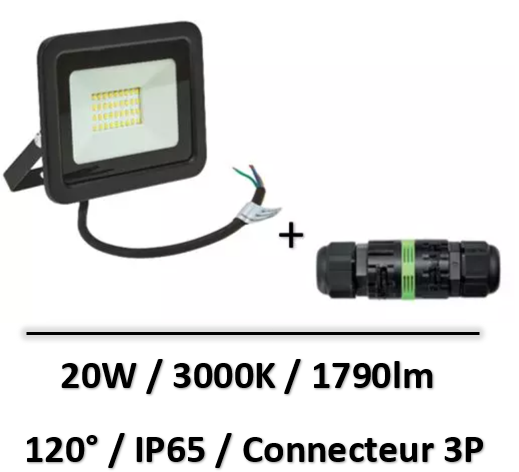 Spectrum - Projecteur 20W Noir - 3000K - 1790lm + connecteur IP68 - SLI029038WW+WP3/L