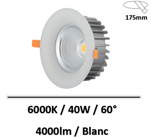 Optonica - Downlight LED COB 40W 6000K Blanc - 60° - 3260