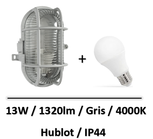Tibelec - KAFFA Hublot ovale gris avec lampe 13W E27 IP44 4000K - 338170+WOJ+14102