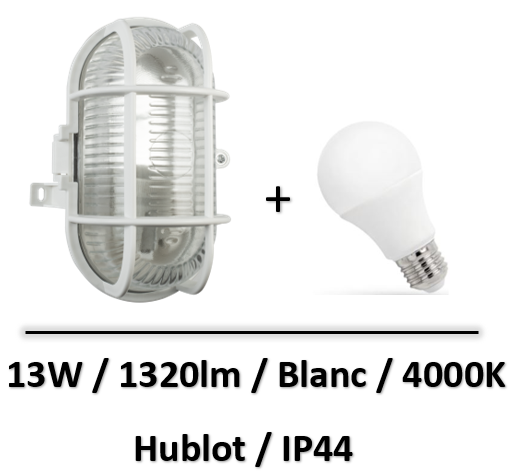 Tibelec - KAFFA Hublot ovale blanc avec lampe 13W E27 IP44 4000K - 338310+WOJ+14102
