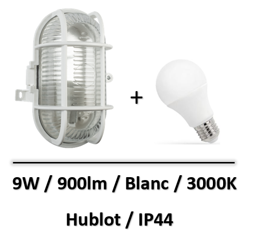 Tibelec - KAFFA Hublot ovale blanc avec lampe 8W E27 IP44 3000K - 338310+WOJ+14218