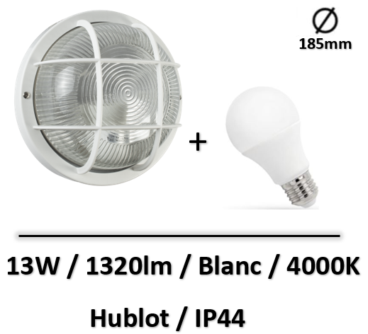 Tibelec - KAFFA Hublot rond blanc avec lampe 13W E27 IP44 4000K - 340210+WOJ+14102