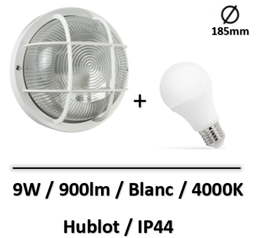 Tibelec - KAFFA Hublot rond blanc avec lampe 9W E27 IP44 4000K - 340210+WOJ+14611