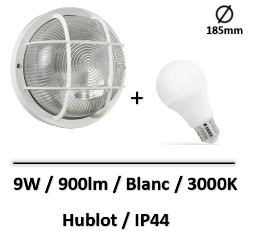 Tibelec - KAFFA Hublot rond blanc avec lampe 9W E27 IP44 3000K - 340210+WOJ+14610
