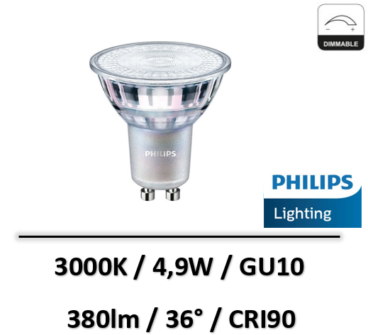 Ampoule LED dimmable PHILIPS Master GU10 36° 4,9W(=50W) 380lm