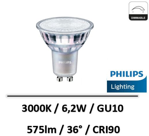 Philips - Ampoule LED GU10 Dimmable CRI90 6.2W 575 Lm Eq 80W MASTER - SI705251