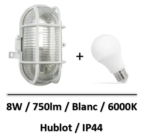 Tibelec - KAFFA Hublot ovale blanc avec lampe 8W E27 IP44 6000K - 338310+WOJ+14219