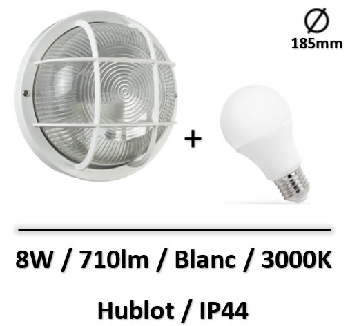 Tibelec - KAFFA Hublot rond blanc avec lampe 8W E27 IP44 3000K - 340210+WOJ+14218
