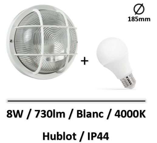 Tibelec - KAFFA Hublot rond blanc avec lampe 8W E27 IP44 4000K - 340210+WOJ+14472