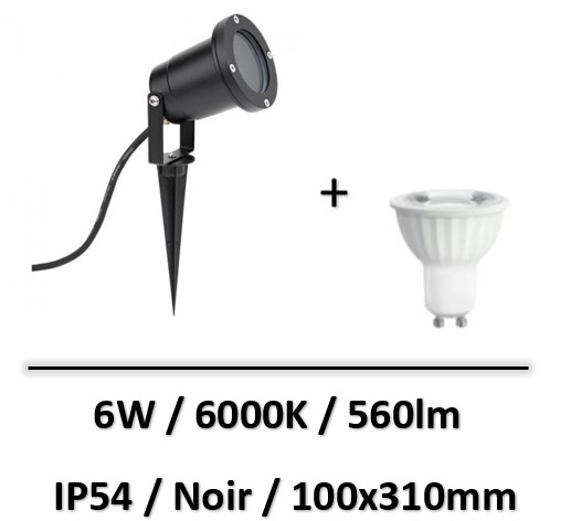 Ledme - Projecteur piquet + ampoule 6W GU10/6W/NOIR 6000K - LM7301+14094