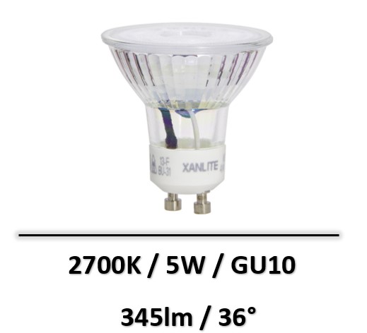 Xanlite - Ampoule LED spot, culot GU10, 5W cons. (50W eq.), lumière blanc chaud - VG50S