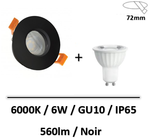 Spectrum - Spot LED IP65 douche + lampe 6W - Noir - 560lm - 6000K - SLIP001016-WOJ14092