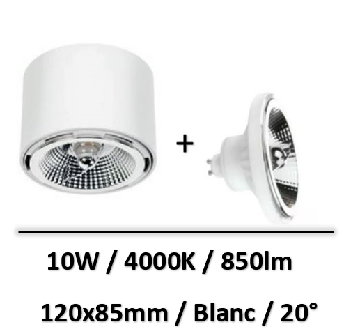 Spectrum - Applique saillie blanc + lampe 10W 20° AR111 - SLIP005010+WOJ+14561