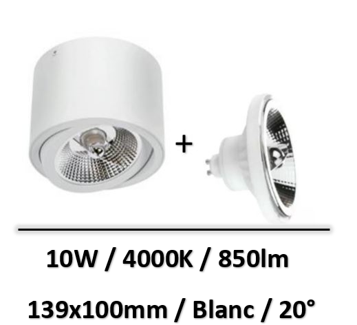 Spectrum - Applique saillie blanc + lampe 10W 20° AR111 - SLIP005012+WOJ+14561