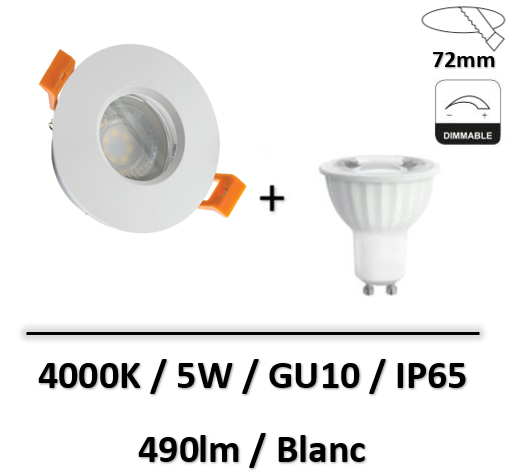 Spectrum - Spot LED IP65 pour douche + lampe 5W - Blanc - 490lm - 4000K - SLIP001005-WOJ14510