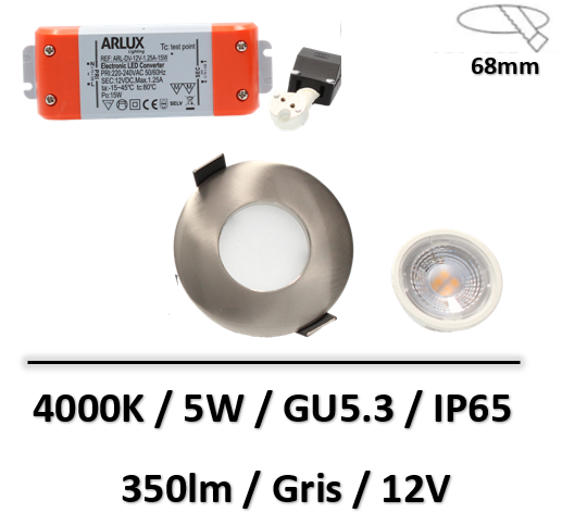 Arlux - KIT SPOT ENCAST. SPT203 IP65 MR16/GU5.3/5W/4000K/380LM/Ø82/ACIER - 950082