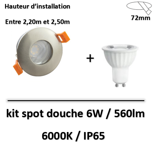 Spot LED IP65 pour douche + lampe 6W - Gris - 560lm - 6000K - SLIP001006-WOJ14094