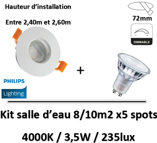 Pack salle d\'eau 10m2 + lampe 3,5W - Blanc - 255lm - 4000K - SLIP001005x5+73022500x5