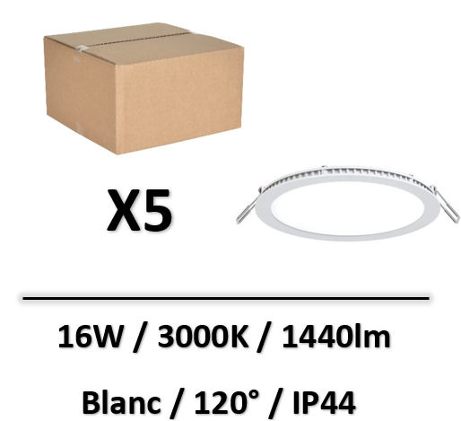 Lited - Downlight LED FLAT 16W - Blanc - 240mm - 3000K - IP44 - FLAT-16WWx5