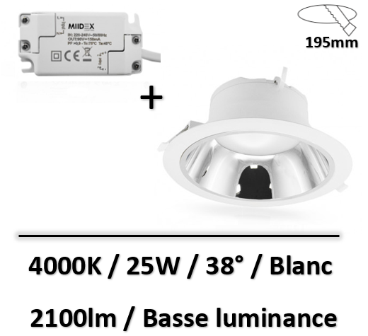 MIIDEX - DOWNLIGHT LED BLANC/ARGENTÉ ROND BASSE LUMINANCE Ø230MM 25W 4000K - 765481