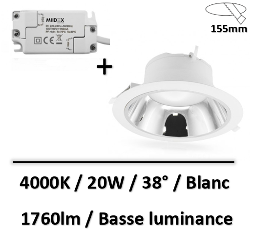 MIIDEX - DOWNLIGHT LED BLANC/ARGENTÉ ROND BASSE LUMINANCE Ø190MM 20W 4000K - 765451
