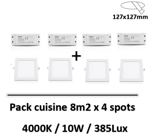 MIIDEX - PLAFONNIER LED BLANC 147x147 10W 770 LM 4000K - pack cuisine 8m2 77522x4