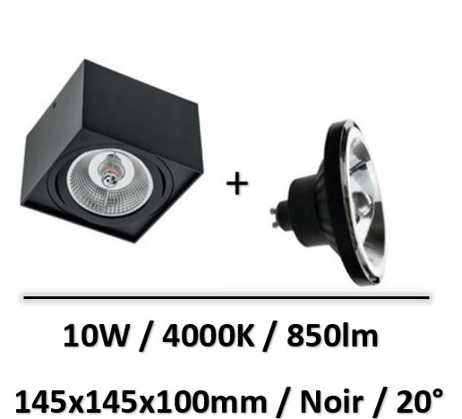 Spectrum - Applique saillie noir + lampe 10W 20° AR111 GU10 - SLIP005039+WOJ+14567