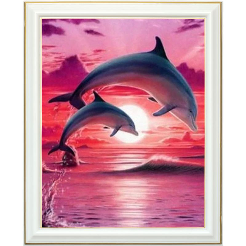 Broderie diamant - Dauphins roses - 40 x 50 cm