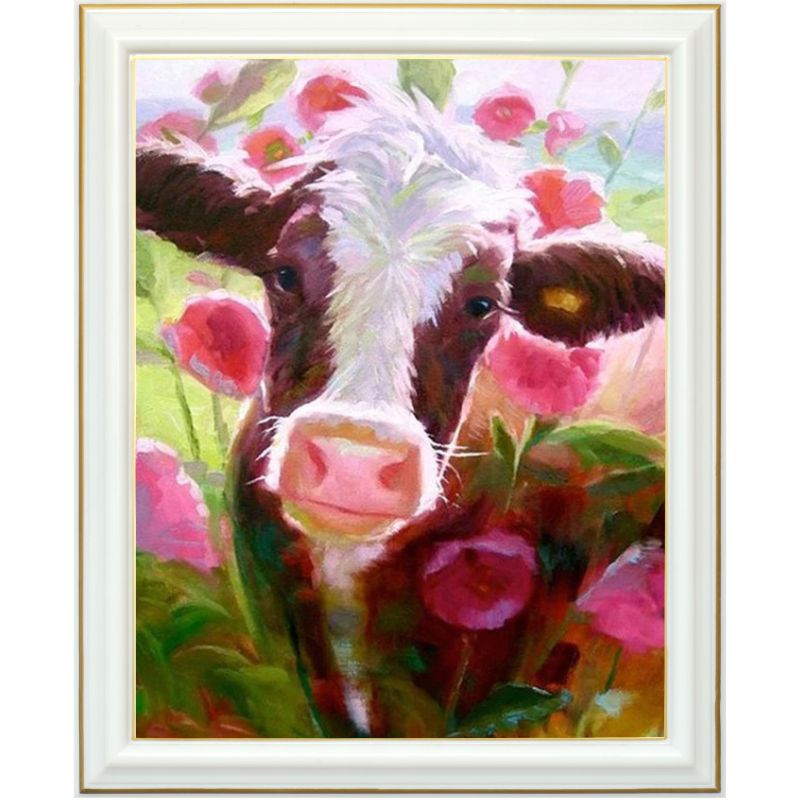 Broderie diamant - Vache et fleurs roses