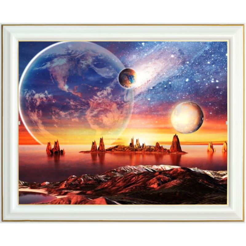 Broderie diamant - Planètes et crépuscule - 40 x 50 cm