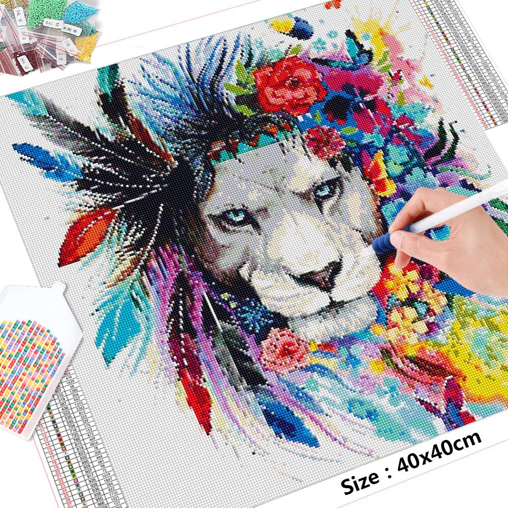 HUACAN-peinture-de-diamant-5D-d-animaux-broderie-de-plumes-de-Lion-images-de-strass-mosa