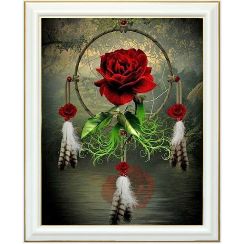 Broderie diamant - Attrape-rêves et rose rouge - 40 x 50 cm